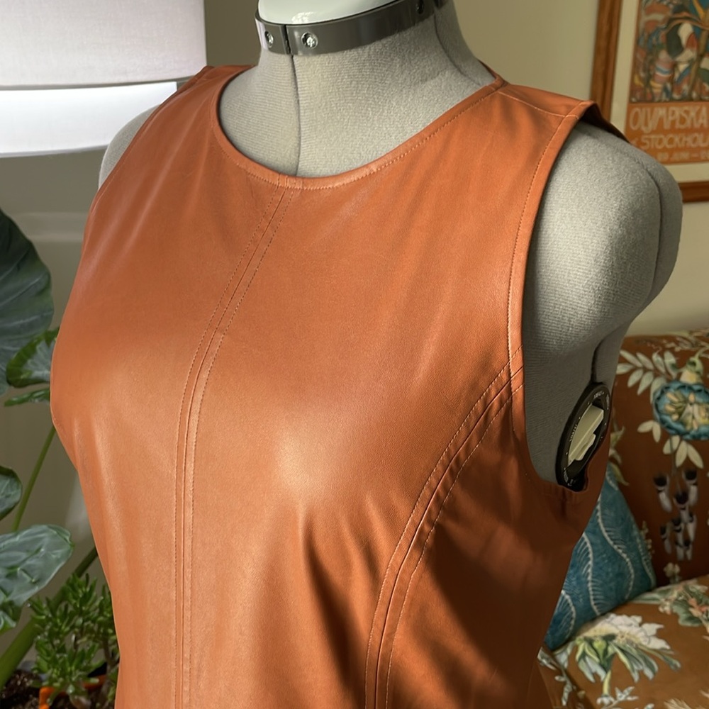 Ann Taylor Loft Cognac Brown Sleeveless Faux Leather Flare Dress - Size 12 - Picture 6 of 12
